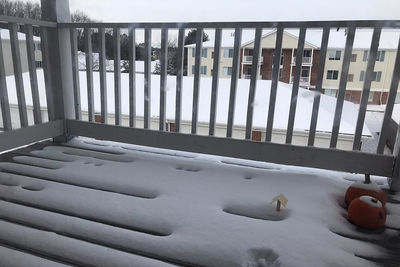 High angle view of railings on snow covered window