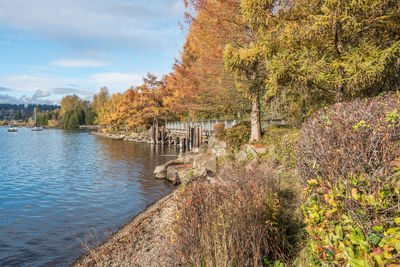 Scenic view of river against sky during autumn