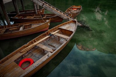 High angle view of boat moored in lake