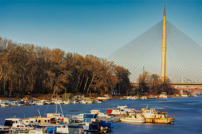 Sailboats moored on bridge against sky