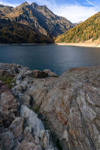 Scenic view of lake by mountains against sky