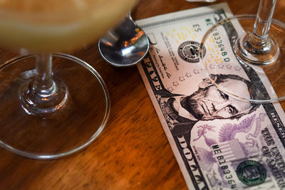 High angle view of glasses on table