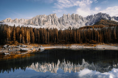 Scenic view of lake and mountains against sky