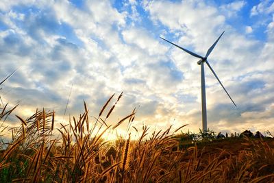 Low angle view of windmill on field against sky