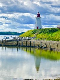 Lighthouse by building against sky