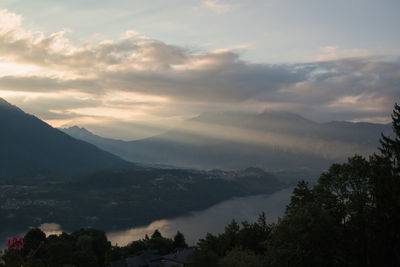 Scenic view of mountains against sky during sunset