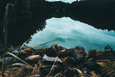 High angle view of rocks by lake