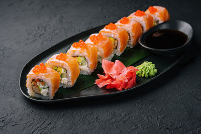 High angle view of food in plate on table