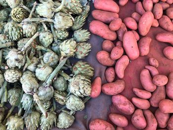 High angle view of vegetables for sale at market stall