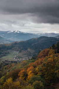 Scenic view of mountains against sky during autumn