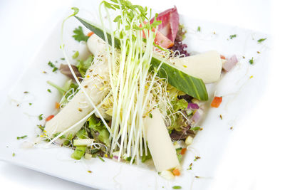 High angle view of vegetables in plate