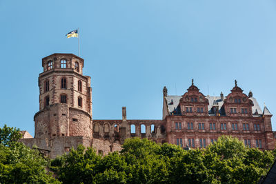 Low angle view of building against clear blue sky