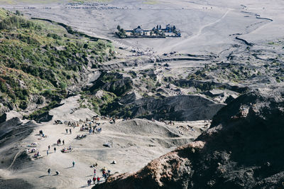 High angle view of tourists in valley