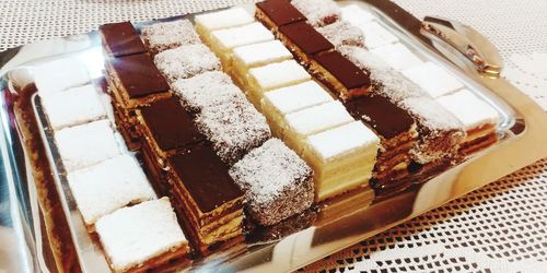 High angle view of chocolate cake on table