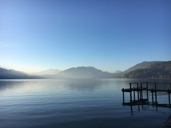 Scenic view of lake against clear blue sky