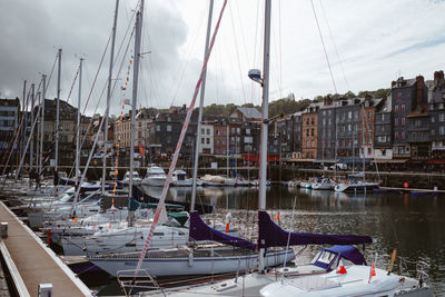 Sailboats moored in harbor against sky