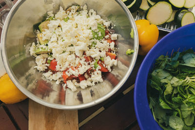 High angle view of chopped vegetables in bowl