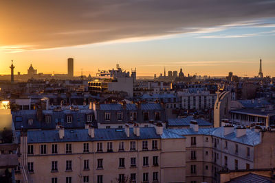 High angle view of cityscape against sky during sunset