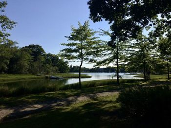 Scenic view of lake against clear sky