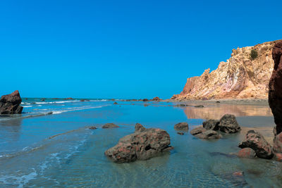 Rock formations in sea against clear blue sky