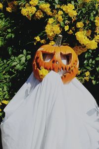 Close-up of jack o lantern on field