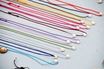 High angle view of multi colored candies on table