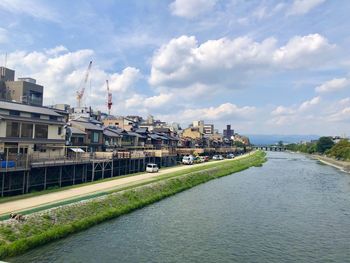 Buildings by river against sky