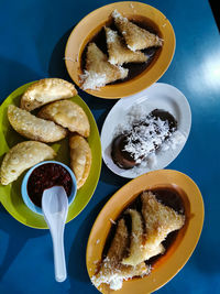 High angle view of breakfast served on table