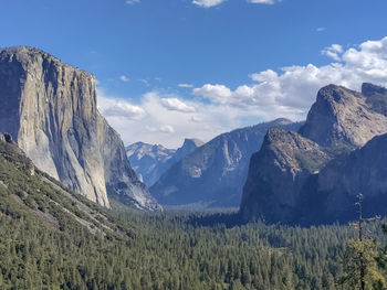 Scenic view of mountains against sky with forest