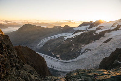 Scenic view of mountains against sky during sunset