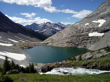 Scenic view of lake by snowcapped mountains against sky