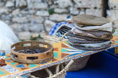 Close-up of stack of objects on table