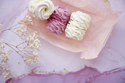 Feminine background, pink and white marshmallow with decoration of gypsophila close up. cozy winter
