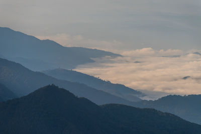 Scenic view of mountains against sky during sunset