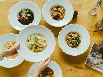 High angle view of meal served on table