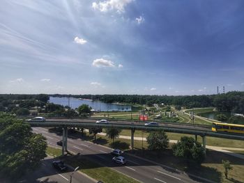 High angle view of highway against sky