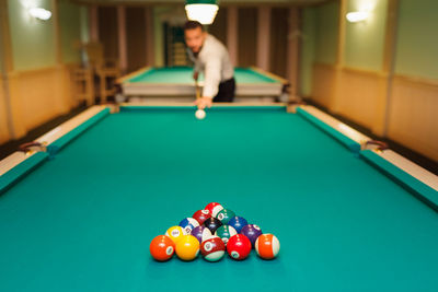 Close-up of pool balls on table