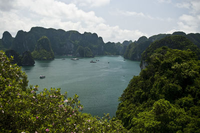Scenic view of lake against cloudy sky