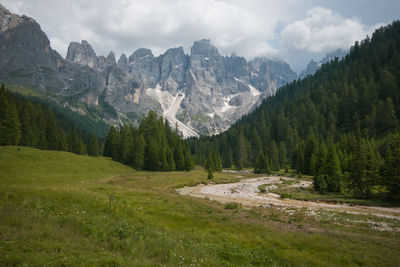 Beautiful view of val venegia on cloudy summer day in trentino, italy