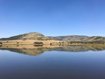 Scenic view of lake against clear blue sky