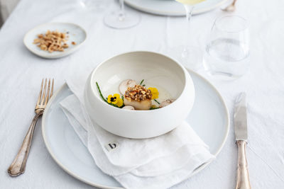 High angle view of food in plate on table