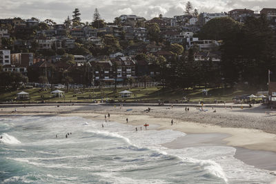 High angle view of beach and buildings in city