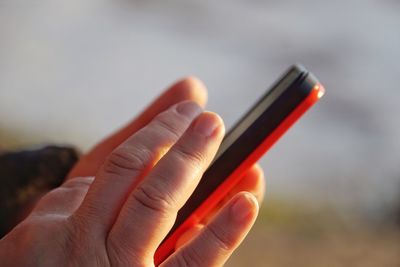 Cropped image of person holding smart phone against sky