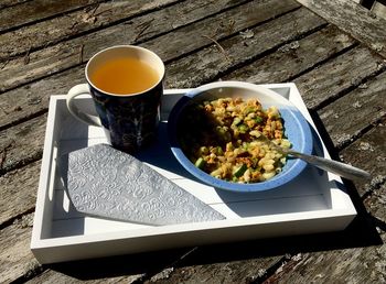 High angle view of breakfast served on table