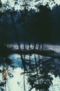 Reflection of silhouette trees in lake against sky
