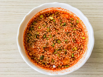 High angle view of food in bowl on table