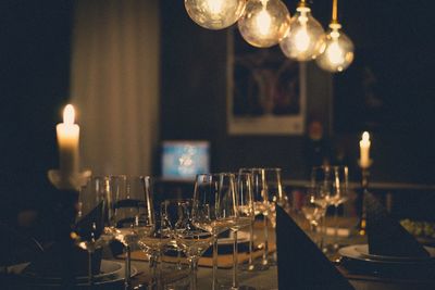 Close-up of illuminated candles on table