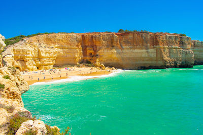 Scenic view of sea against clear blue sky