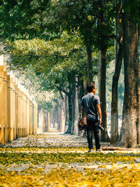 Rear view full length of man standing by trees on sidewalk