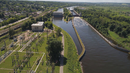 Sluice gates on the river. aerial view river sluice construction, water river gateway. 